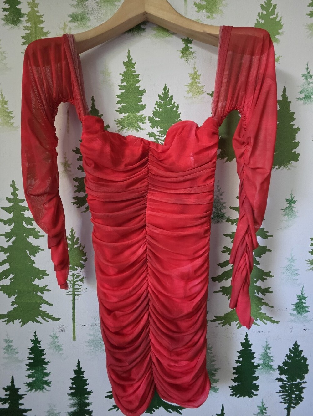 Zara Red Ruched Long-Sleeve Bodycon Dress